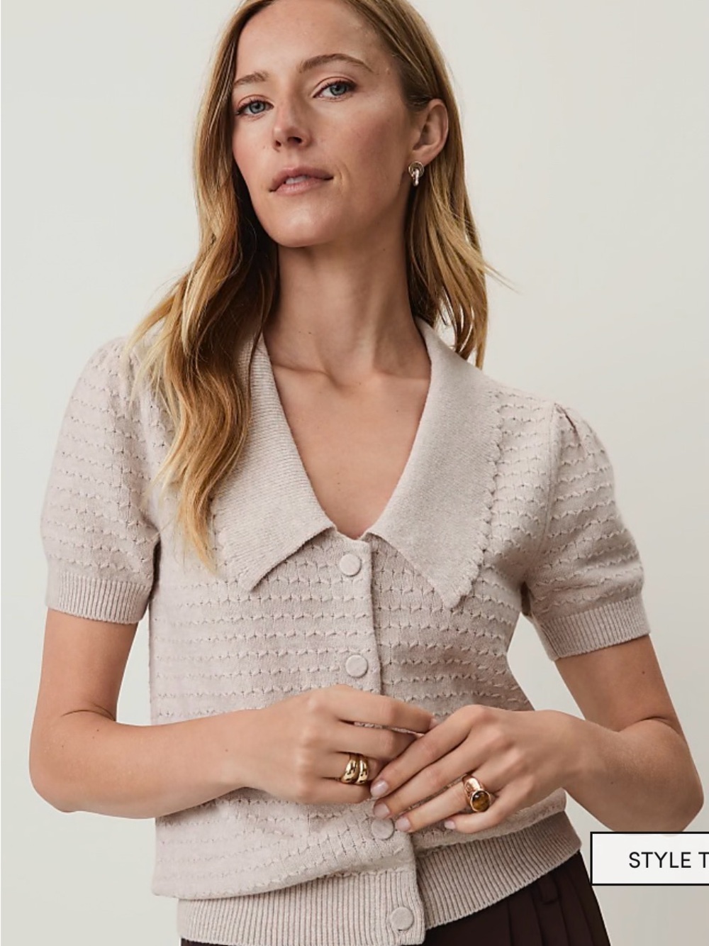 Ann Taylor Pointelle Short Sleeve V-Neck Cardigan in Light Beige